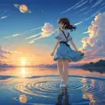 Anime girl walking on water, ripples, backdrop of dawn, saturn in the background, Highly Detailed, Beautiful, Digital Painting, Anime, Fantasy by Studio Ghibli