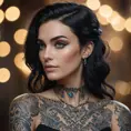 Matte portrait of Morgana with tattoos, Highly Detailed, Alluring, Bokeh effect, Sharp Focus, Volumetric Lighting