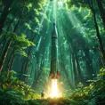 Studio ghibli, rocket explosion, jungle, solar, green technology, optimist future, 8k, Bokeh effect, Cinematic Lighting, Iridescence, Vibrant by Greg Rutkowski, WLOP