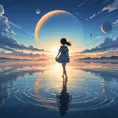 Anime girl walking on water, ripples, backdrop of dawn, saturn in the background, Highly Detailed, Beautiful, Digital Painting, Anime, Fantasy by Studio Ghibli