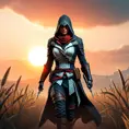 Female assassin creed emerging from a batte field. Sky is colored by a red sun set., Dystopian, Trending on Artstation, Volumetric Lighting by Stefan Kostic