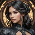 Alluring matte portrait of a beautiful Vex in black leather, 8k, Highly Detailed, Intricate, Half Body, Realistic, Sharp Focus, Volumetric Lighting, Fantasy, Elegant by Stanley Artgerm Lau, Alphonse Mucha, WLOP, Stefan Kostic