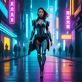 full body shot, armed beautiful woman walking with detailed eyes, dynamic pose, athletic, Cybernatic and Sci-Fi, Cyberpunk, Cityscape, Blade Runner 2049, Neon light effect, Neon, Futurism, Threatening by Stefan Kostic