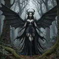 Winged succubus in a haunted forest, Highly Detailed, Intricate, Gothic, Volumetric Lighting, Fantasy, Dark by Stanley Artgerm Lau