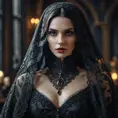 Alluring portrait of a beautiful raven black haired veiled vampire in the style of Stefan Kostic, 8k, High Definition, Highly Detailed, Intricate, Half Body, Realistic, Sharp Focus, Fantasy, Elegant