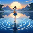 Anime girl walking on water, ripples, backdrop of dawn, saturn in the background, Highly Detailed, Beautiful, Digital Painting, Anime, Fantasy by Studio Ghibli