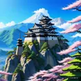 Landscape of a large japanese castle in the tall mountains, with matsu pine trees, with sakura cherry trees, Highly Detailed, Beautiful, Digital Painting, Anime, Fantasy by Studio Ghibli