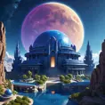 Cosmic round beautiful indigo temple in the center of a futuristic community. Extraterrestrial landscape. Planet sirius. The moon and stars can be seen in the sky even during the day., Sci-Fi, Volumetric Lighting, Vibrant Colors by Greg Rutkowski