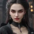 A beautiful romanian vampire woman with penetrating red bright eyes, long fangs, perfect face, 8k, Hyper Detailed, Intricate Details, Masterpiece, Contemporary, Full Body, Trending on Artstation, Gothic, Deviantart, Concept Art by WLOP