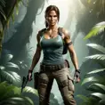 Full body portrait of a beautiful armed Lara Croft emerging from the jungle, Highly Detailed, Intricate, Sharp Focus, Volumetric Lighting, Fantasy, Elegant, Threatening by Greg Rutkowski