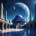 Cosmic round beautiful indigo temple in the center of a futuristic community. Extraterrestrial landscape. Planet sirius. The moon and stars can be seen in the sky even during the day., Sci-Fi, Volumetric Lighting, Vibrant Colors by Greg Rutkowski