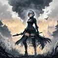 Silhouette of Nier Automata emerging from the fog of war, ink splash, Highly Detailed, Vibrant Colors, Ink Art, Fantasy, Dark by Stanley Artgerm Lau