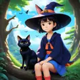 Kiki the witch and Jiji the cat, Highly Detailed, Beautiful, Digital Painting, Anime, Fantasy by Studio Ghibli