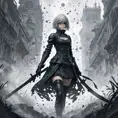 Silhouette of Nier Automata emerging from the fog of war, ink splash, Highly Detailed, Vibrant Colors, Ink Art, Fantasy, Dark by Stanley Artgerm Lau