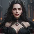 A beautiful romanian vampire woman with penetrating red bright eyes, long fangs, perfect face, 8k, Hyper Detailed, Intricate Details, Masterpiece, Contemporary, Full Body, Trending on Artstation, Gothic, Deviantart, Concept Art by WLOP