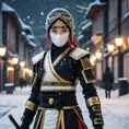 Mysterious beautiful white kunoichi ninja wearing black, red and gold in the streets of a dark snowy town in russia, Intricate Details, Bokeh effect, Photo Realistic, Volumetric Lighting by Stefan Kostic