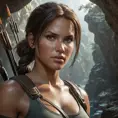 Matte portrait of a beautiful Lara Croft in a cave with arrows, 8k, Highly Detailed, Intricate, Realistic, Sharp Focus, Volumetric Lighting, Fantasy, Elegant by Stanley Artgerm Lau, WLOP