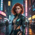 full body shot, beautiful woman walking with beatiful and detailed eyes, dynamic pose, slightly athletic beatiful body, medium-sized chest, detailed attire, Hyper Detailed, Intricate Artwork, Masterpiece, Cybernatic and Sci-Fi, Cyberpunk, Freckles, Full Lips, Red Hair, Smiling, Digital Illustration, Cityscape, Blade Runner 2049, Neon light effect, Realistic, Sharp Focus, Wide Angle, Neon, Dripping Colors, Matte, Futurism, Artwork, Dieselpunk, Colorful, Dynamic, Elegant, Expressive, Graceful, Hot, Gloomy, Sad, Stormy, Terrifying, Tired