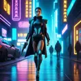 full body shot, armed beautiful woman walking with detailed eyes, dynamic pose, athletic, Cybernatic and Sci-Fi, Cyberpunk, Cityscape, Blade Runner 2049, Neon light effect, Neon, Futurism, Threatening by Stefan Kostic