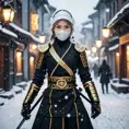 Mysterious beautiful white kunoichi ninja wearing black, red and gold in the streets of a dark snowy town in russia, Intricate Details, Bokeh effect, Photo Realistic, Volumetric Lighting by Stefan Kostic