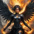 Dark Angel emerging from a firey fog of battle, ink splash, Highly Detailed, Vibrant Colors, Ink Art, Fantasy, Dark by Stanley Artgerm Lau