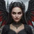 A beautiful winged romanian vampire woman with penetrating eyes, fangs, perfect face, 8k, Hyper Detailed, Intricate Details, Masterpiece, Contemporary, Full Body, Trending on Artstation, Gothic, Deviantart, Concept Art by Stefan Kostic