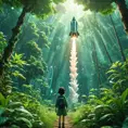 Studio ghibli, rocket explosion, jungle, solar, green technology, optimist future, 8k, Bokeh effect, Cinematic Lighting, Iridescence, Vibrant by Greg Rutkowski, WLOP