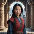 Matte portrait of Mulan inside a castle, Ultra Detailed, Half Body, Beautiful, Matte Painting, Sharp Focus, Portrait, Fantasy by Stefan Kostic