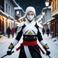 Mysterious beautiful white kunoichi ninja wearing black, red and gold in the streets of a dark snowy town in russia, Intricate Details, Bokeh effect, Photo Realistic, Volumetric Lighting by Stefan Kostic