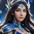 Alluring portrait of a beautiful Irelia from League of Legends in Blue, Highly Detailed, Half Body, Bokeh effect, Photo Realistic, Sharp Focus by Stefan Kostic