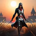 Female assassin creed emerging from a batte field. Sky is colored by a red sun set., Dystopian, Trending on Artstation, Volumetric Lighting by Stefan Kostic