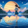 Anime girl walking on water, ripples, backdrop of dawn, saturn in the background, Highly Detailed, Beautiful, Digital Painting, Anime, Fantasy by Studio Ghibli