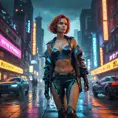 full body shot, beautiful woman walking with beatiful and detailed eyes, dynamic pose, slightly athletic beatiful body, medium-sized chest, detailed attire, Hyper Detailed, Intricate Artwork, Masterpiece, Cybernatic and Sci-Fi, Cyberpunk, Freckles, Full Lips, Red Hair, Smiling, Digital Illustration, Cityscape, Blade Runner 2049, Neon light effect, Realistic, Sharp Focus, Wide Angle, Neon, Dripping Colors, Matte, Futurism, Artwork, Dieselpunk, Colorful, Dynamic, Elegant, Expressive, Graceful, Hot, Gloomy, Sad, Stormy, Terrifying, Tired