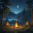 matte painting of a camp fire in the forest at night, Highly Detailed, Beautiful, Digital Painting, Anime, Fantasy by Studio Ghibli