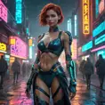 full body shot, beautiful woman walking with beatiful and detailed eyes, dynamic pose, slightly athletic beatiful body, medium-sized chest, detailed attire, Hyper Detailed, Intricate Artwork, Masterpiece, Cybernatic and Sci-Fi, Cyberpunk, Freckles, Full Lips, Red Hair, Smiling, Digital Illustration, Cityscape, Blade Runner 2049, Neon light effect, Realistic, Sharp Focus, Wide Angle, Neon, Dripping Colors, Matte, Futurism, Artwork, Dieselpunk, Colorful, Dynamic, Elegant, Expressive, Graceful, Hot, Gloomy, Sad, Stormy, Terrifying, Tired