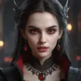 A beautiful romanian vampire woman with penetrating red bright eyes, long fangs, perfect face, 8k, Hyper Detailed, Intricate Details, Masterpiece, Contemporary, Full Body, Trending on Artstation, Gothic, Deviantart, Concept Art by WLOP