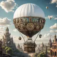 White steampunk hot air balloon with gears, Victorian style Ancient buildings, archeological ruins of lost civilizations and technology, Steampunk, Iridescence