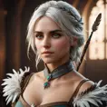 Matte portrait of the beautiful Ciri with feathers, Highly Detailed, Intricate, Realistic, Sharp Focus, Volumetric Lighting, Fantasy, Elegant