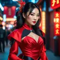 A dangerously armed asian feme fatale in silk red dress at a masquerade ball, Cybernatic and Sci-Fi, Cyberpunk, Sci-Fi