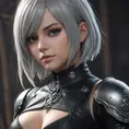 Alluring matte portrait of a beautiful 2B from Nier Automata wearing black leather, 8k, Highly Detailed, Intricate, Half Body, Realistic, Sharp Focus, Volumetric Lighting, Fantasy, Elegant by Stanley Artgerm Lau, WLOP