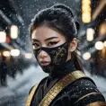 Matte portrait of a mysterious beautiful kunoichi ninja in black and gold wearing eyeliner in the streets of a dark snowy town in tokyo, fluid motion, Intricate, Half Body, Realistic, Sharp Focus, Volumetric Lighting, Elegant by Stefan Kostic