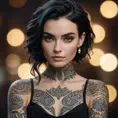 Matte portrait of Morgana with tattoos, Highly Detailed, Alluring, Bokeh effect, Sharp Focus, Volumetric Lighting