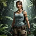 Full body portrait of a beautiful armed Lara Croft emerging from the jungle, Highly Detailed, Intricate, Sharp Focus, Volumetric Lighting, Fantasy, Elegant, Threatening by Greg Rutkowski