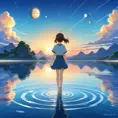 Anime girl walking on water, ripples, backdrop of dawn, saturn in the background, Highly Detailed, Beautiful, Digital Painting, Anime, Fantasy by Studio Ghibli