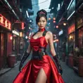 A dangerously armed asian feme fatale in silk red dress at a masquerade ball, Cybernatic and Sci-Fi, Cyberpunk, Sci-Fi