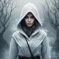 White hooded female assassin emerging from the fog of war, Highly Detailed, Vibrant Colors, Ink Art, Fantasy, Dark by Aliza Razell