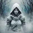 White hooded female assassin emerging from the fog of war, Highly Detailed, Vibrant Colors, Ink Art, Fantasy, Dark by Aliza Razell