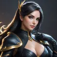 Alluring matte portrait of a beautiful Sona from League of Legends in black leather, 8k, Half Body, Realistic, Volumetric Lighting, Fantasy by Stanley Artgerm Lau, WLOP