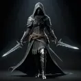 Full body portrait of a Veiled female Assassin with daggers, Highly Detailed, Dark Souls, Volumetric Lighting, Fantasy, Threatening