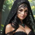 A beautiful veiled Nidalee wearing a lacy black veil, perfect face, Intricate, Half Body, Volumetric Lighting